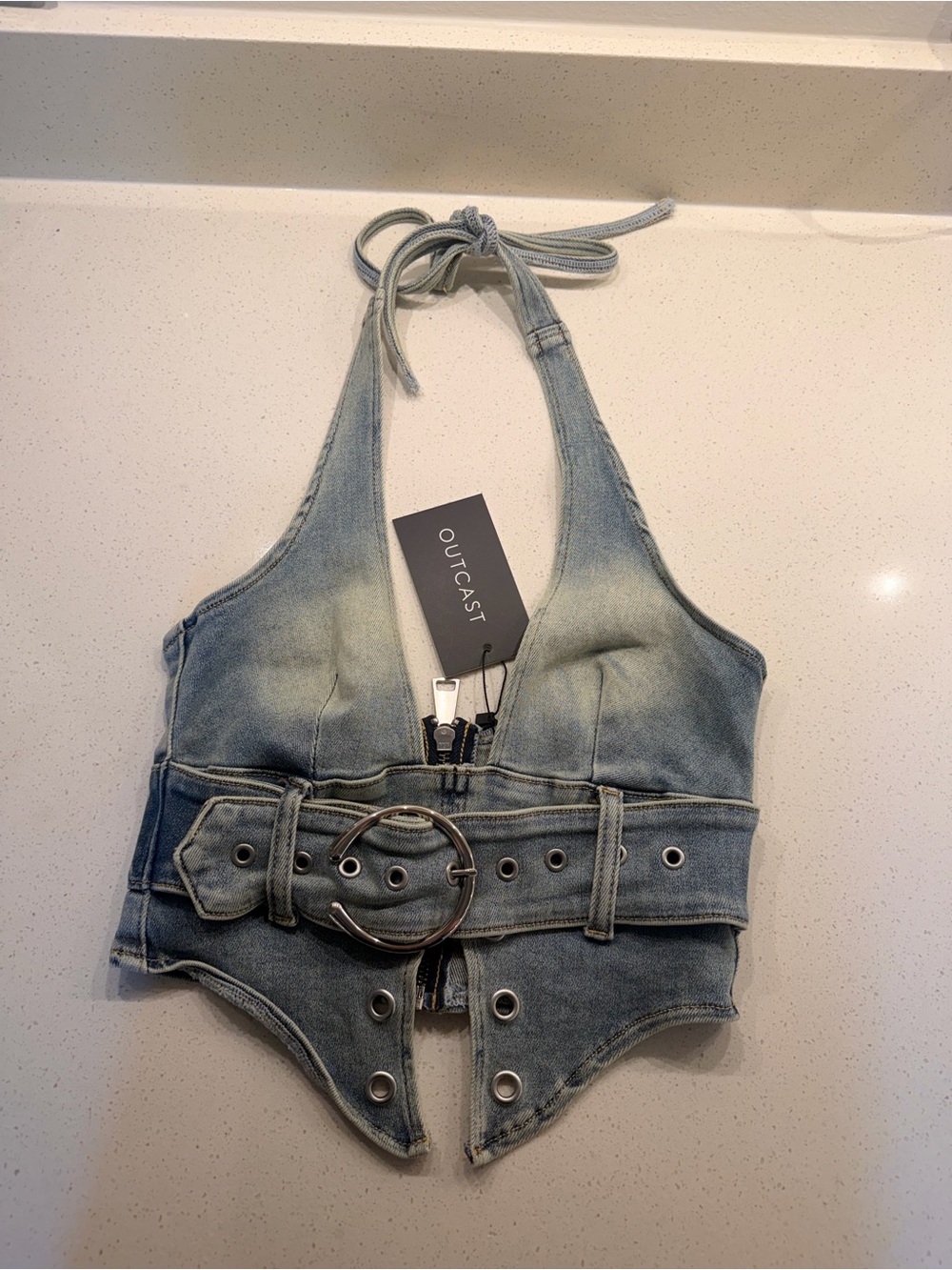 Outcast Light Blue Denim Halter Crop Top with Belt
